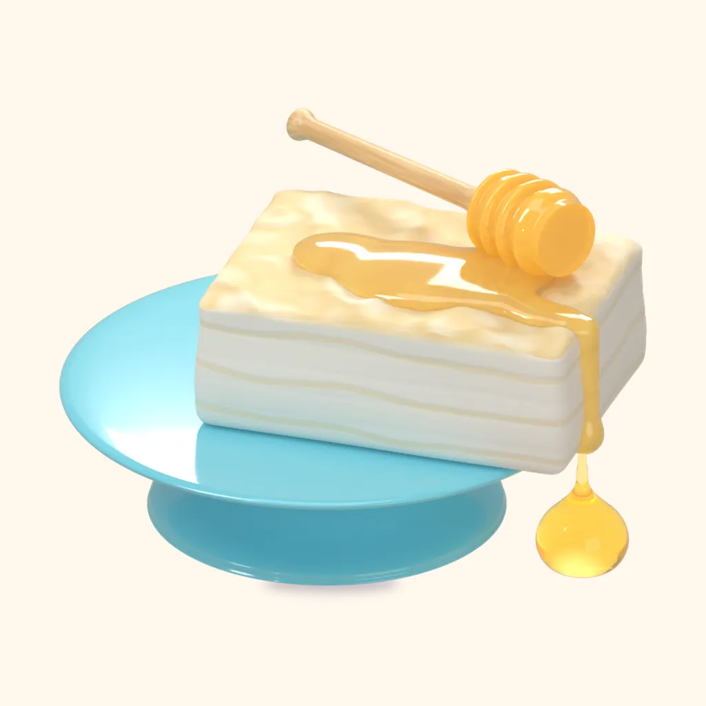 Kaymak Studio logosu: turkuaz bir kek standında bal kaşığı ve bal damlasıyla bir dilim kaymak